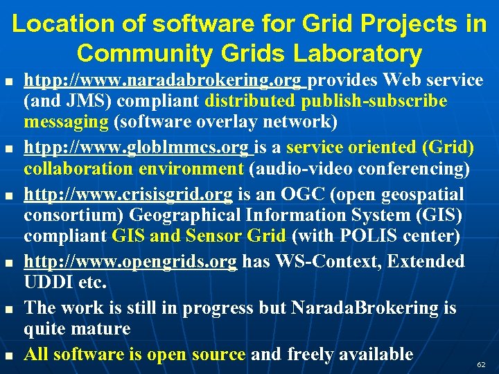 Location of software for Grid Projects in Community Grids Laboratory htpp: //www. naradabrokering. org