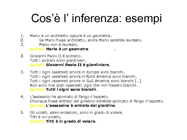 Cos’è l’ inferenza: esempi 1. 2. 3. Mario è un architetto oppure è un