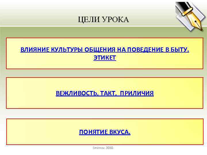 ЦЕЛИ УРОКА ВЛИЯНИЕ КУЛЬТУРЫ ОБЩЕНИЯ НА ПОВЕДЕНИЕ В БЫТУ. ЭТИКЕТ ВЕЖЛИВОСТЬ, ТАКТ, ПРИЛИЧИЯ ПОНЯТИЕ