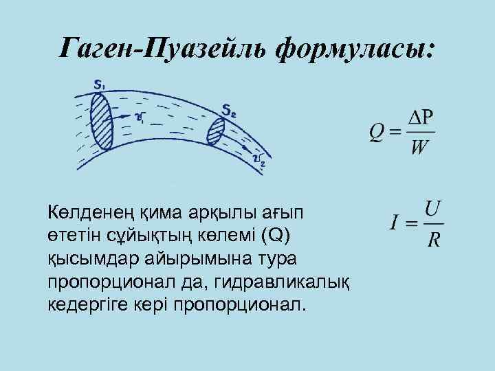 Гаген-Пуазейль формуласы: Көлденең қима арқылы ағып өтетін сұйықтың көлемі (Q) қысымдар айырымына тура пропорционал
