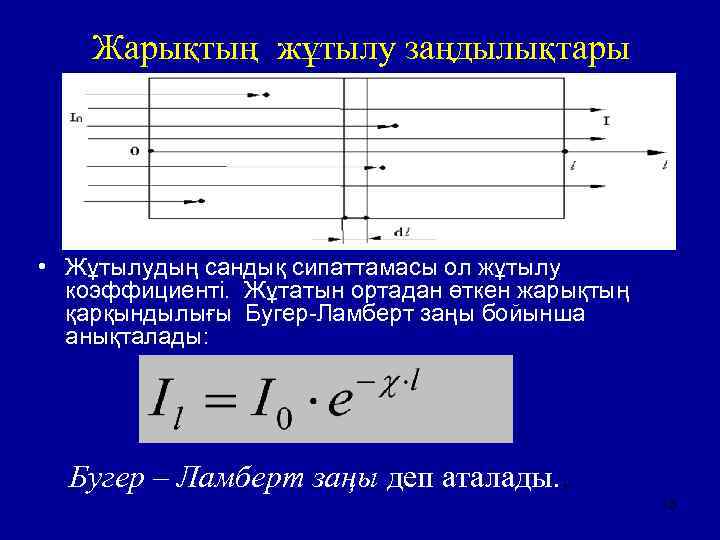 Жарықтың жұтылу заңдылықтары • Жұтылудың сандық сипаттамасы ол жұтылу коэффициенті. Жұтатын ортадан өткен жарықтың