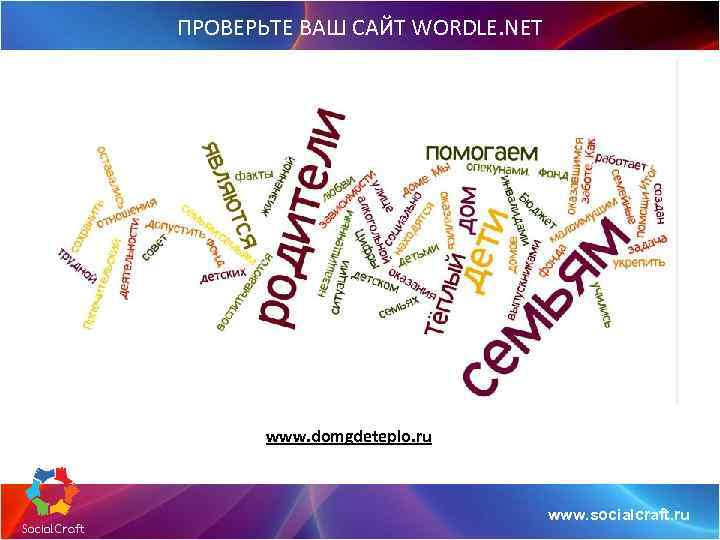 ПРОВЕРЬТЕ ВАШ САЙТ WORDLE. NET www. domgdeteplo. ru www. socialcraft. ru 