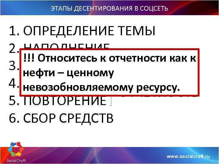 ЭТАПЫ ДЕСЕНТИРОВАНИЯ В СОЦСЕТЬ 1. ОПРЕДЕЛЕНИЕ ТЕМЫ 2. НАПОЛНЕНИЕ !!! Относитесь к отчетности как
