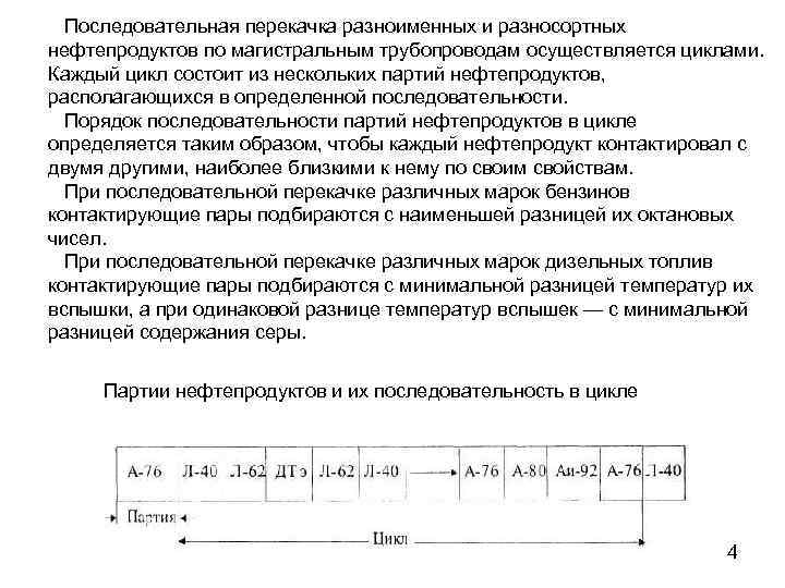 Последовательная перекачка разноименных и разносортных нефтепродуктов по магистральным трубопроводам осуществляется циклами. Каждый цикл состоит