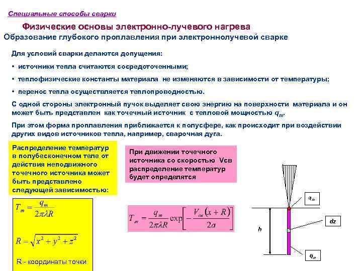 Специальные способы сварки Физические основы электронно-лучевого нагрева Образование глубокого проплавления при электроннолучевой сварке Для