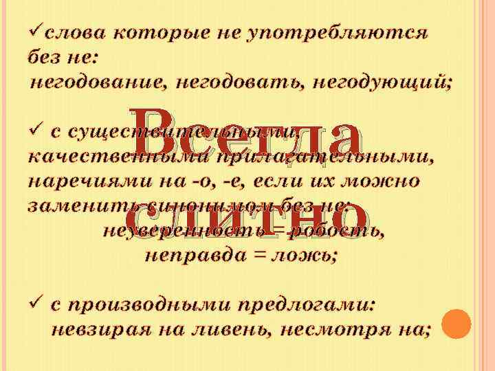 üслова которые не употребляются без не: негодование, негодовать, негодующий; Всегда слитно ü с существительными,