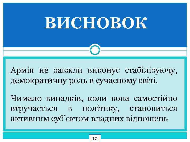 ВИСНОВОК Армія не завжди виконує стабілізуючу, демократичну роль в сучасному світі. Чимало випадків, коли