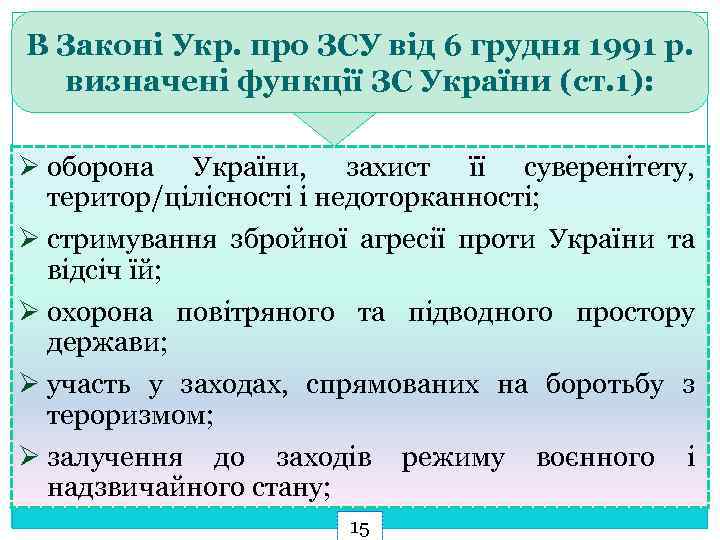 В Законі Укр. про ЗСУ від 6 грудня 1991 р. визначені функції ЗС України