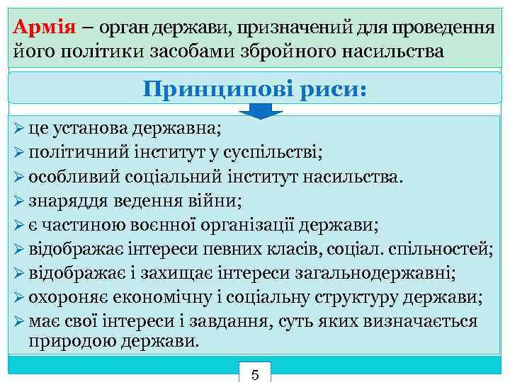 Армія – орган держави, призначений для проведення його політики засобами збройного насильства Принципові риси: