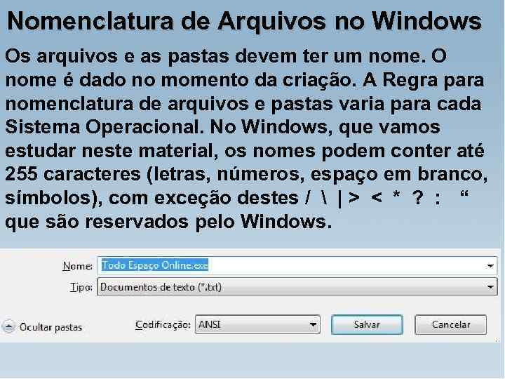 Nomenclatura de Arquivos no Windows Os arquivos e as pastas devem ter um nome.