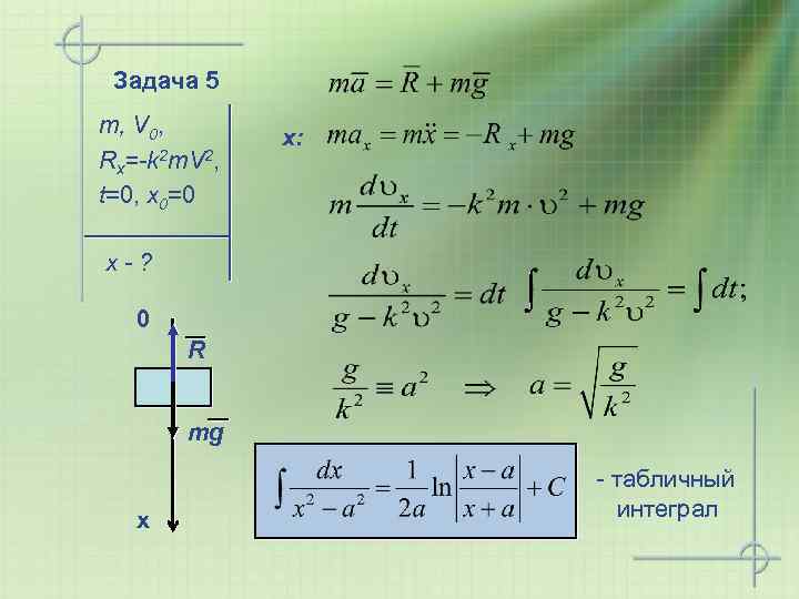 Задача 5 m, V 0, Rх=-k 2 m. V 2, t=0, x 0=0 x: