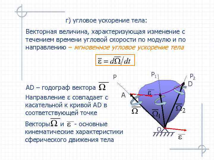 г) угловое ускорение тела: Векторная величина, характеризующая изменение с течением времени угловой скорости по