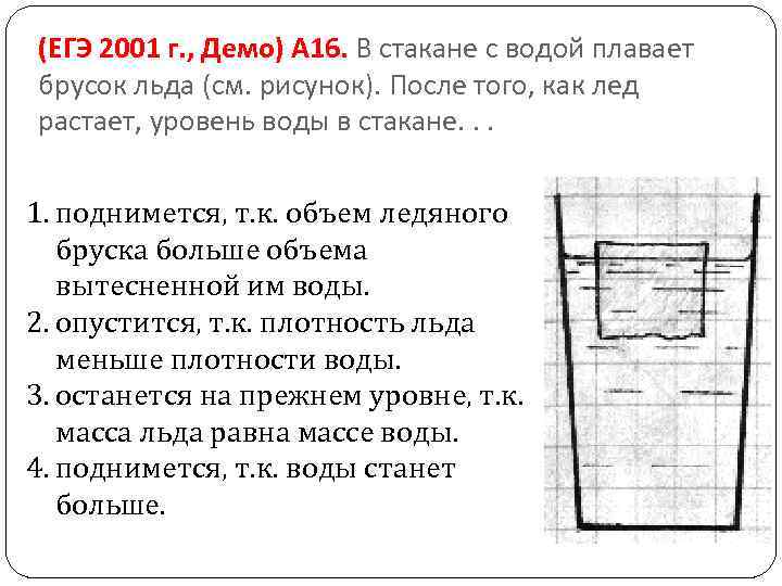 (ЕГЭ 2001 г. , Демо) А 16. В стакане с водой плавает брусок льда