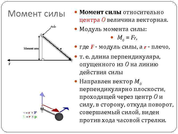 Момент силы относительно центра О величина векторная. Модуль момента силы: Mo = Fr, где