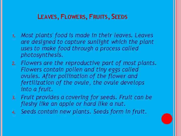 LEAVES, FLOWERS, FRUITS, SEEDS 1. 2. 3. 4. Most plants' food is made in