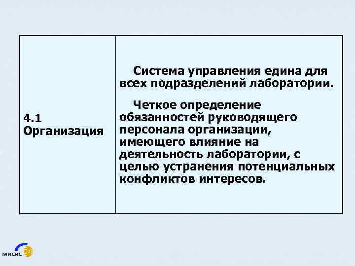 Система управления едина для всех подразделений лаборатории. 4. 1 Организация Четкое определение обязанностей руководящего