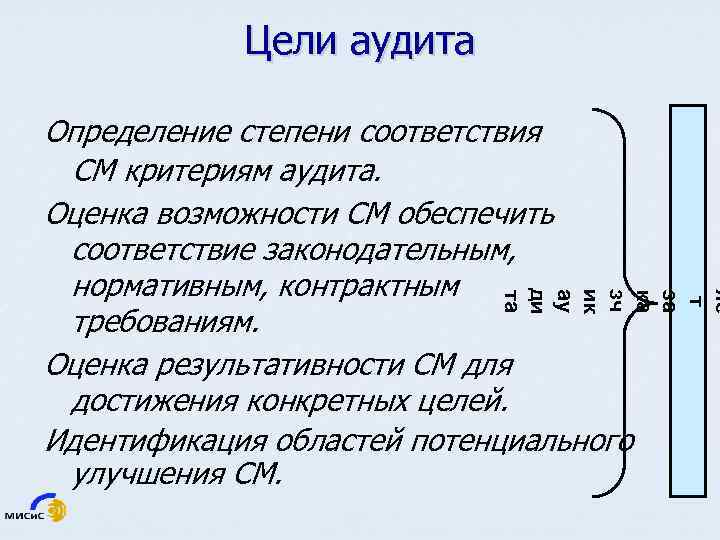 Цели аудита яе т за ка зч ик ау ди та Определение степени соответствия