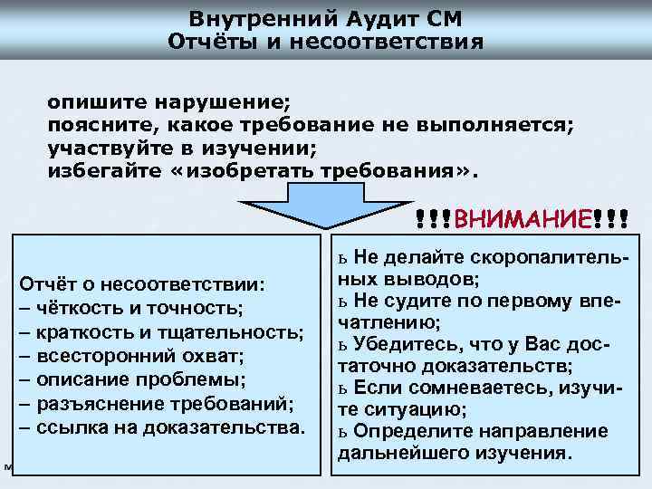 Внутренний Аудит СМ Отчёты и несоответствия опишите нарушение; поясните, какое требование не выполняется; участвуйте