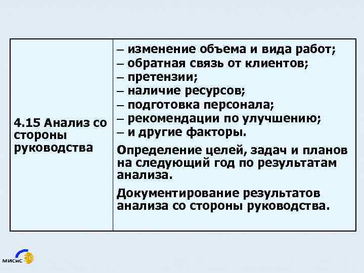 – изменение объема и вида работ; – обратная связь от клиентов; – претензии; –