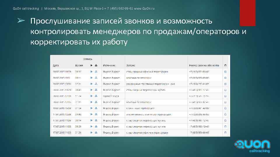 Qu. On call tracking | Москва, Варшавское ш. , 1, БЦ W Plaza-1 +