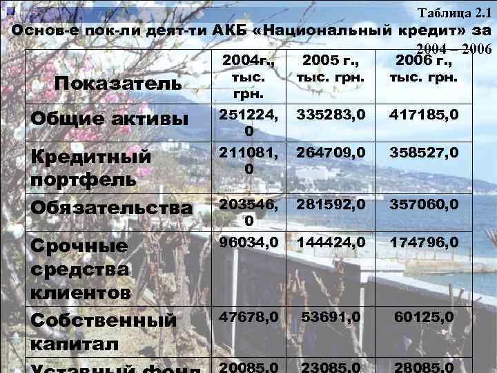 Таблица 2. 1 Основ-е пок-ли деят-ти АКБ «Национальный кредит» за 2004 – 2006 2004