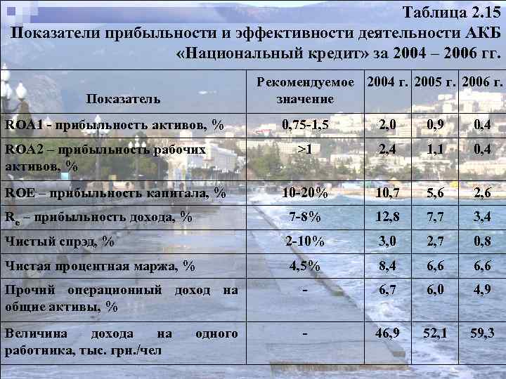 Таблица 2. 15 Показатели прибыльности и эффективности деятельности АКБ «Национальный кредит» за 2004 –