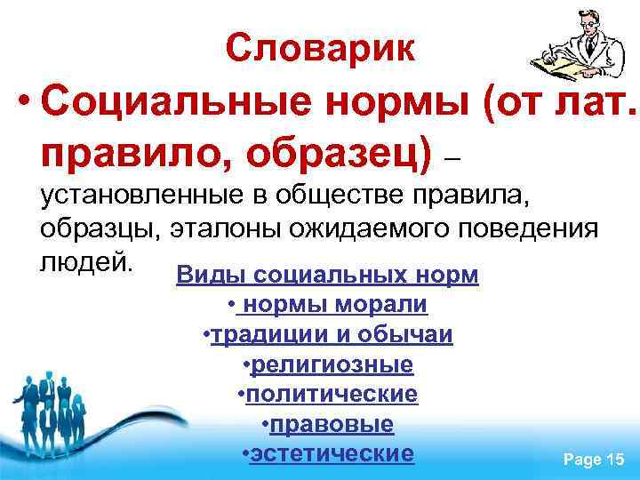 Словарик • Социальные нормы (от лат. правило, образец) – установленные в обществе правила, образцы,