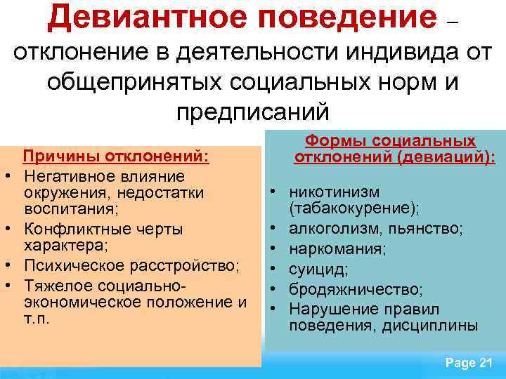 Девиантное поведение – отклонение в деятельности индивида от общепринятых социальных норм и предписаний •