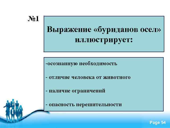 № 1 Выражение «буриданов осел» иллюстрирует: -осознанную необходимость - отличие человека от животного -