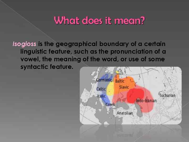 What does it mean? Isogloss is the geographical boundary of a certain linguistic feature,