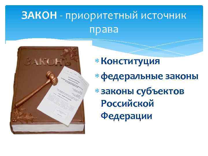 ЗАКОН - приоритетный источник права Конституция федеральные законы субъектов Российской Федерации 