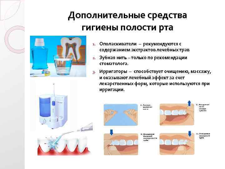 Дополнительные средства гигиены полости рта 1. Ополаскиватели – рекумендуются с содержанием экстрактов лечебных трав