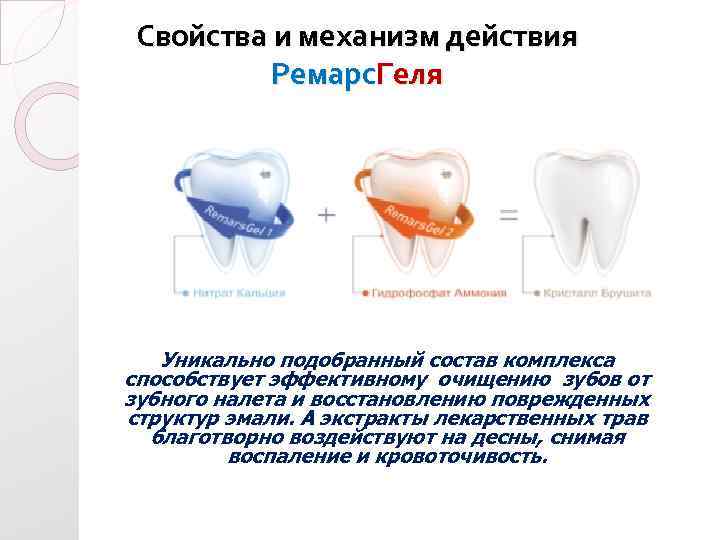 Свойства и механизм действия Ремарс. Геля Уникально подобранный состав комплекса способствует эффективному очищению зубов