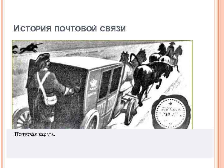 ИСТОРИЯ ПОЧТОВОЙ СВЯЗИ Почтовая карета. 