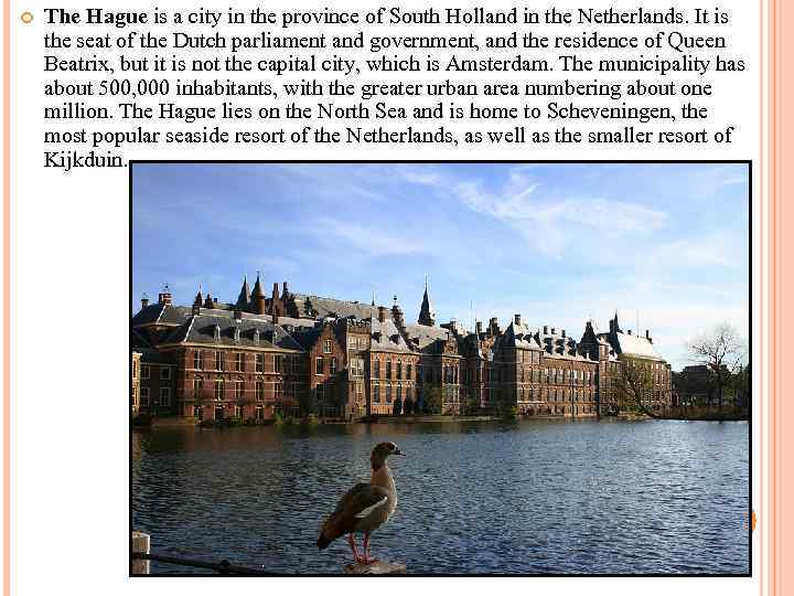  The Hague is a city in the province of South Holland in the