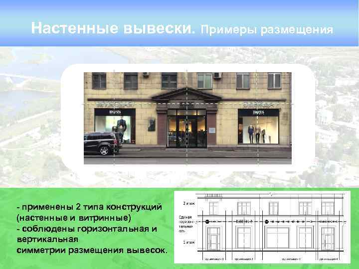 Настенные вывески. Примеры размещения - применены 2 типа конструкций (настенные и витринные) - соблюдены