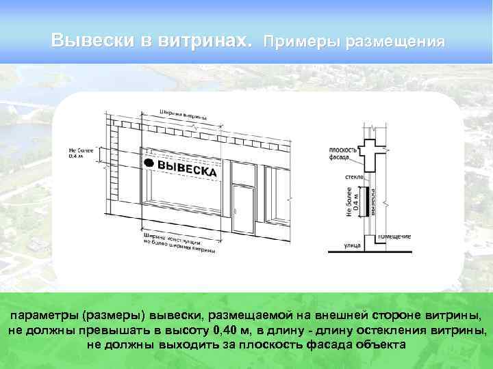 Вывески в витринах. Примеры размещения параметры (размеры) вывески, размещаемой на внешней стороне витрины, не