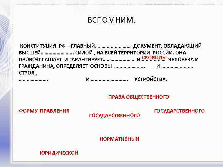 ВСПОМНИМ. КОНСТИТУЦИЯ РФ – ГЛАВНЫЙ…………… ДОКУМЕНТ, ОБЛАДАЮЩИЙ ВЫСШЕЙ…………. СИЛОЙ , НА ВСЕЙ ТЕРРИТОРИИ РОССИИ.