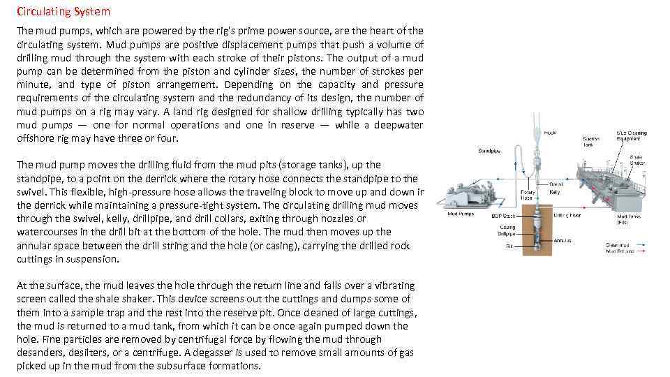 Circulating System The mud pumps, which are powered by the rig's prime power source,