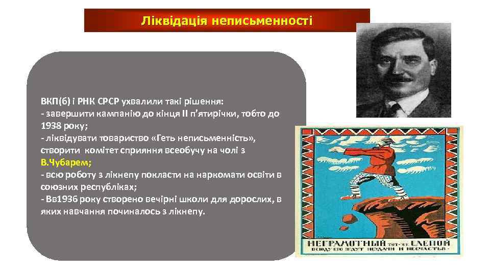 Ліквідація неписьменності ВКП(б) і РНК СРСР ухвалили такі рішення: - завершити кампанію до кінця