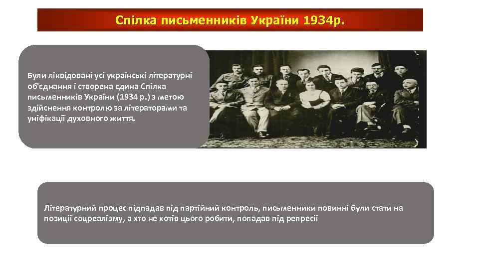 Спілка письменників України 1934 р. Були ліквідовані усі українські літературні об'єднання і створена єдина