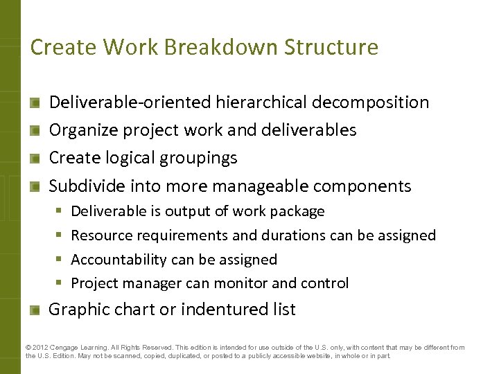 Create Work Breakdown Structure Deliverable-oriented hierarchical decomposition Organize project work and deliverables Create logical