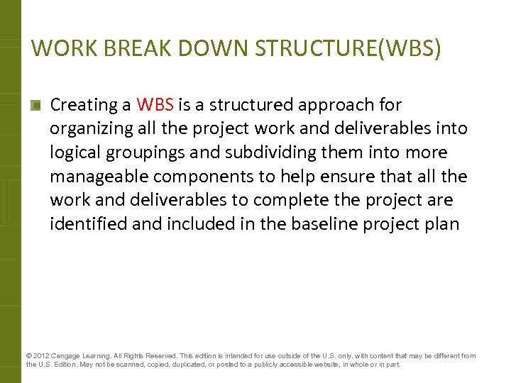 WORK BREAK DOWN STRUCTURE(WBS) Creating a WBS is a structured approach for organizing all