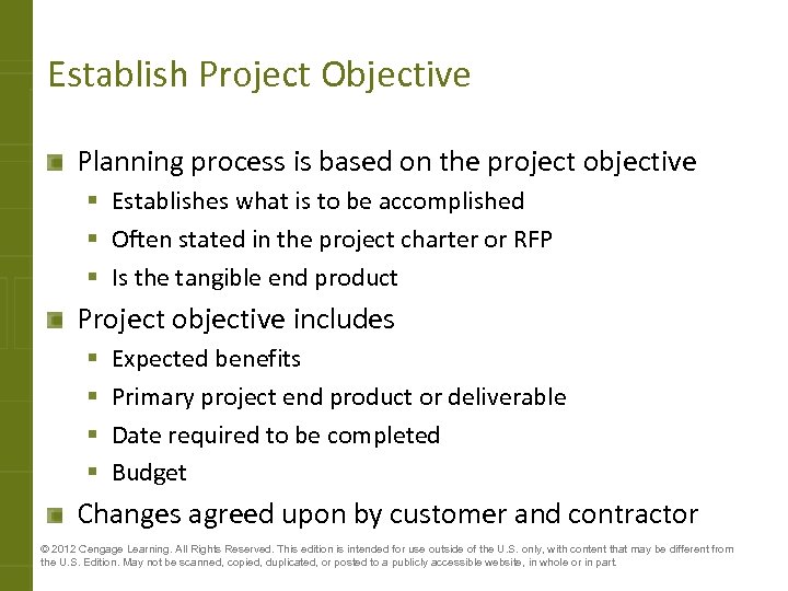 Establish Project Objective Planning process is based on the project objective § Establishes what