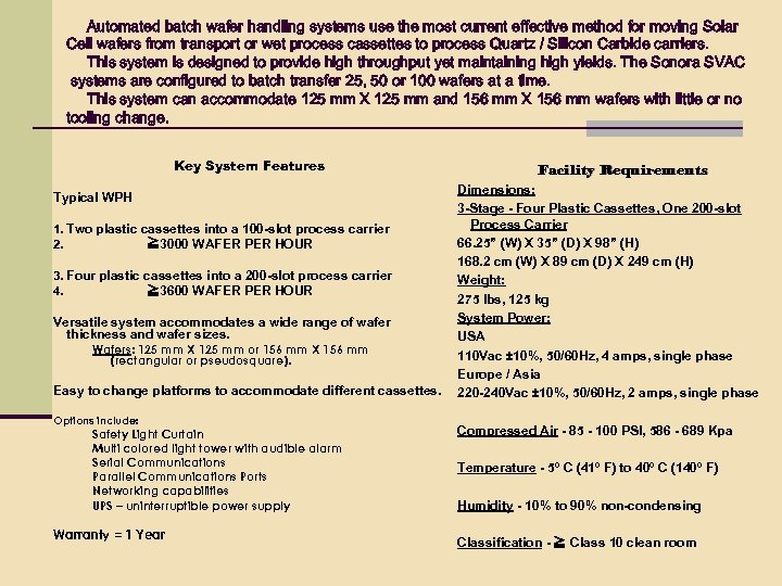 Automated batch wafer handling systems use the most current effective method for moving Solar