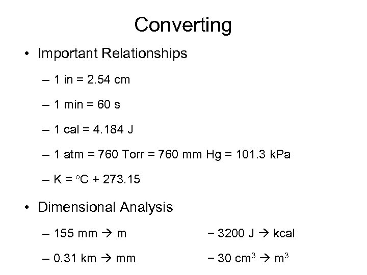 Converting • Important Relationships – 1 in = 2. 54 cm – 1 min