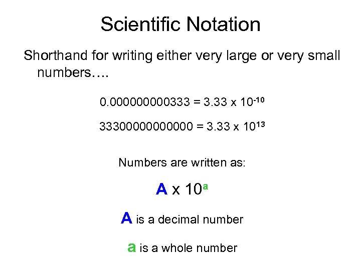 Scientific Notation Shorthand for writing either very large or very small numbers…. 0. 00000333