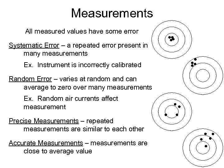 Measurements All measured values have some error Systematic Error – a repeated error present
