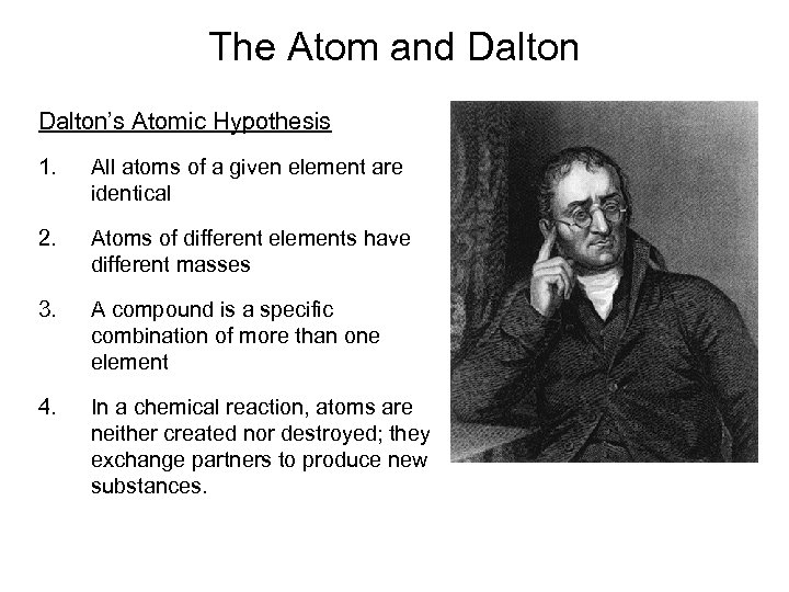 The Atom and Dalton’s Atomic Hypothesis 1. All atoms of a given element are