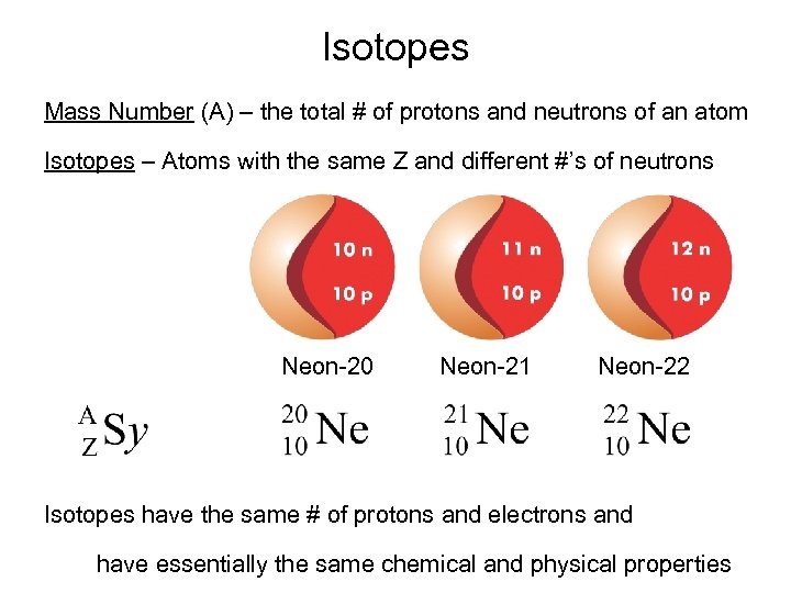 Isotopes Mass Number (A) – the total # of protons and neutrons of an